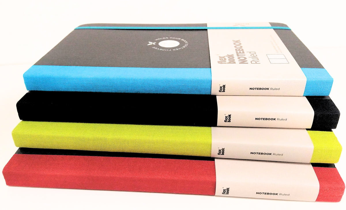 Flex Global notebooks with red, light green, black and turquoise bindings, made in Greece
