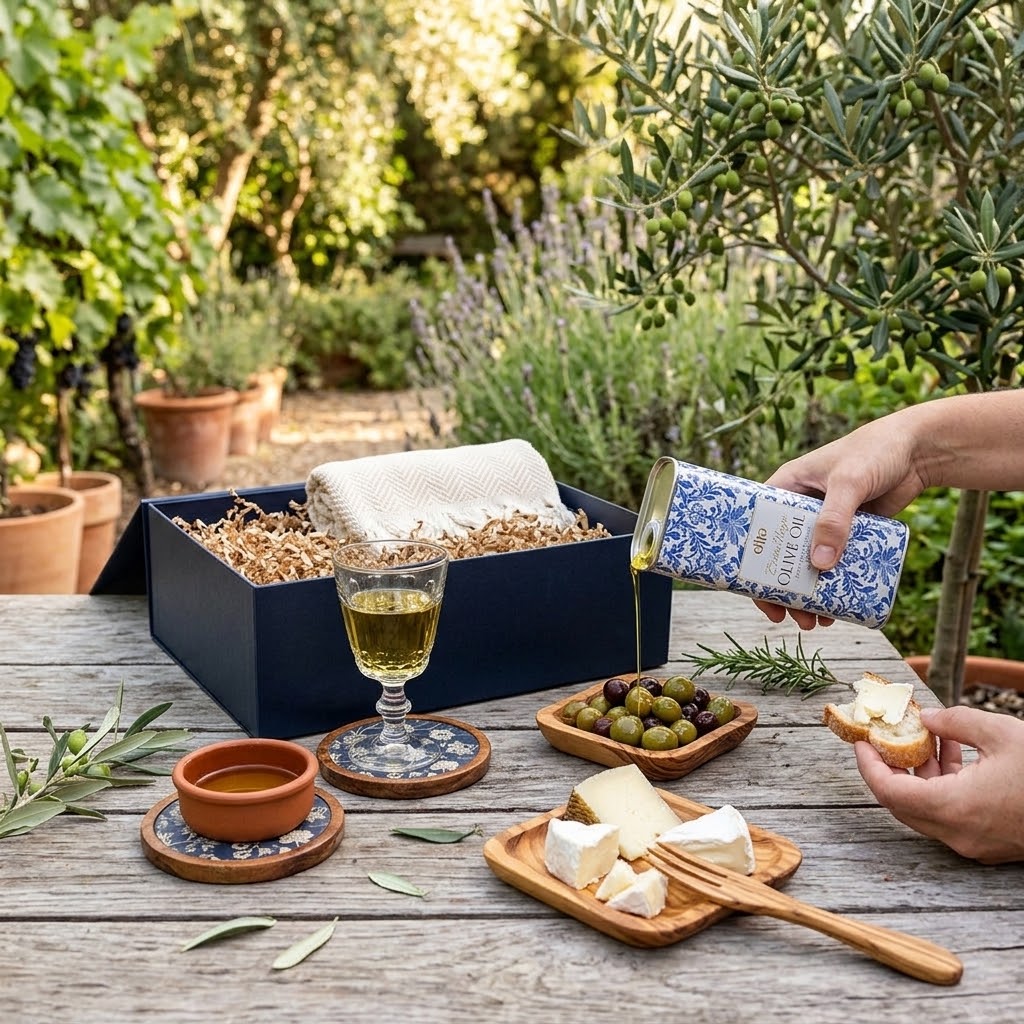 The Mediterranean Gift Box with Olive Oil & Olive Wood Dipping Dish