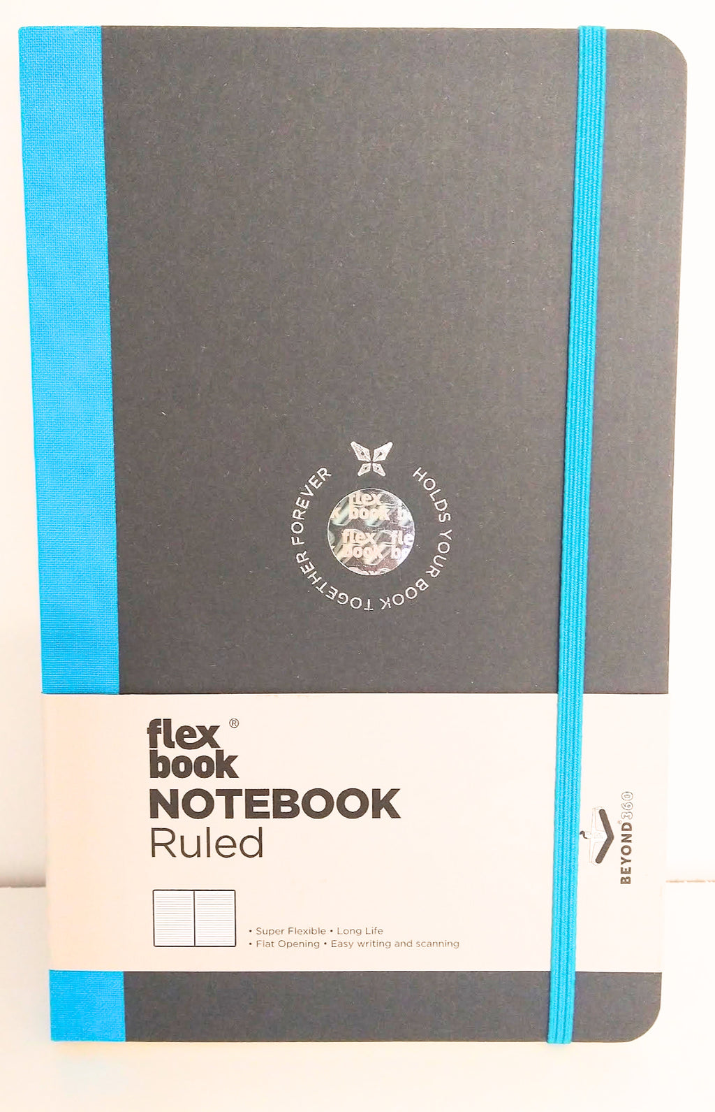 Flex Global ruled notebook with black cover and turquoise binding