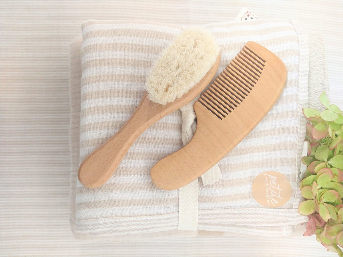 Petite Evelina Light Beige hooded towel, Beige Stripes swaddle and Little Threads wooden brush and comb