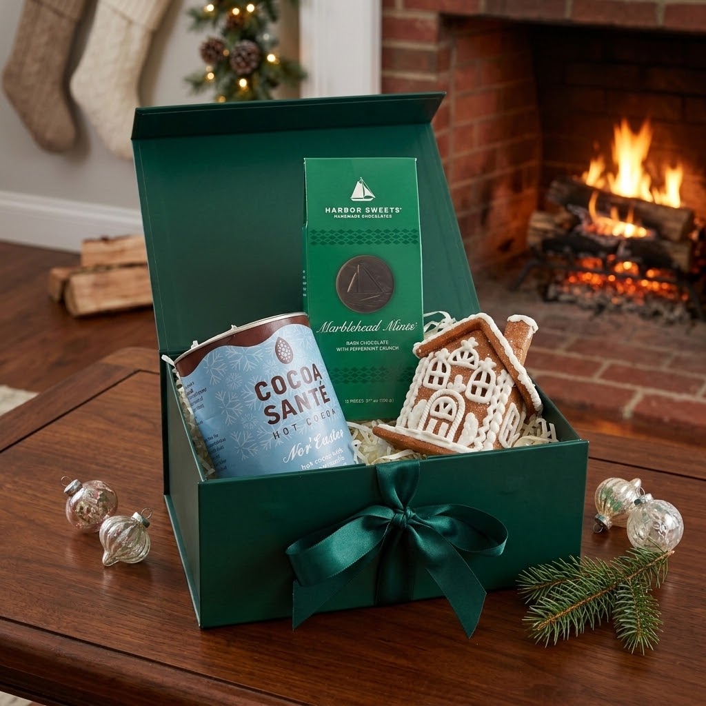Cocoa Santé Nor'Easter hot cocoa, Harbor Sweets Marblehead Mints dark chocolates, and a decorative gingerbread house ornament displayed on coffee table.