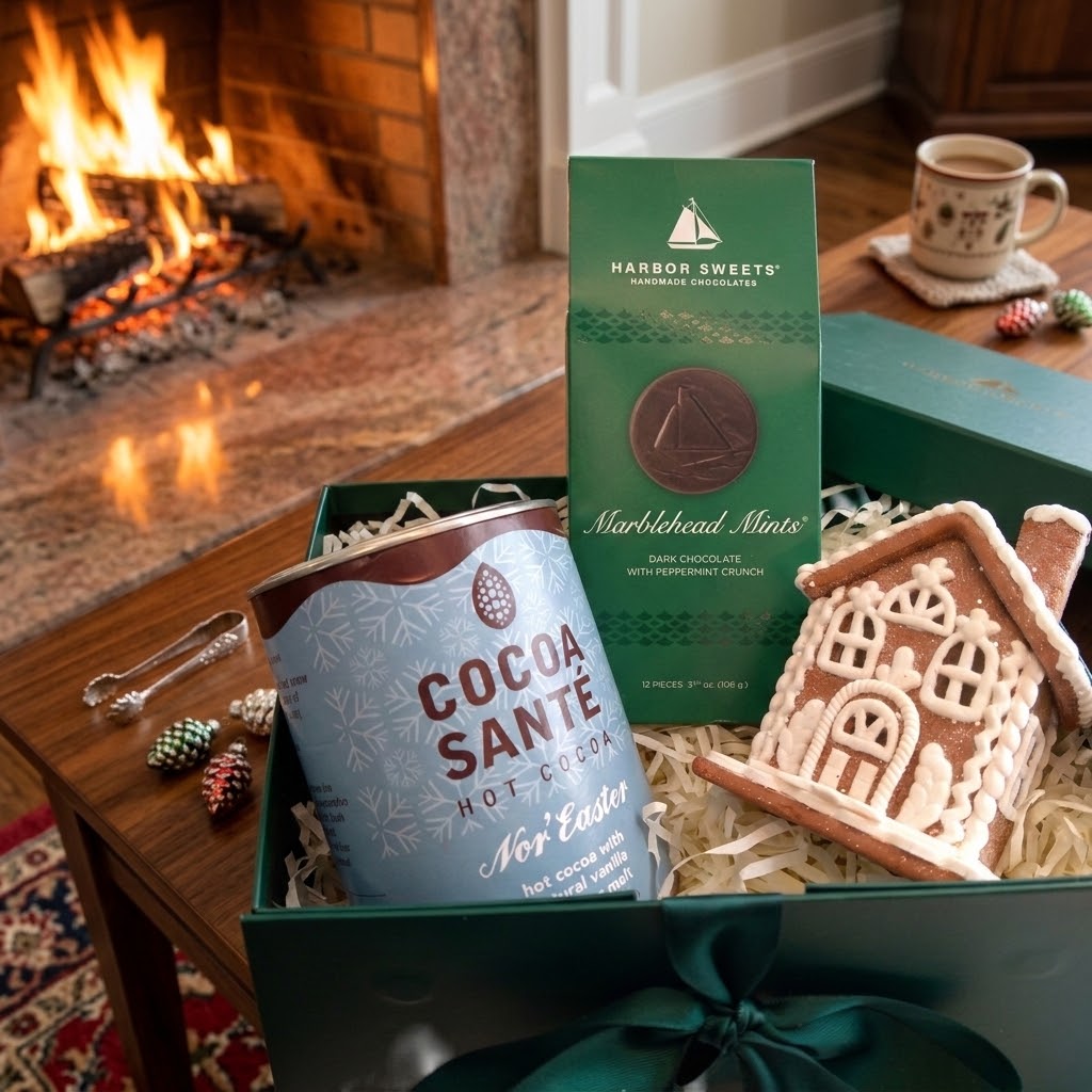 Close up of Cocoa Santé Nor'Easter hot cocoa, Harbor Sweets Marblehead Mints dark chocolates, and a decorative gingerbread house ornament displayed on coffee table.