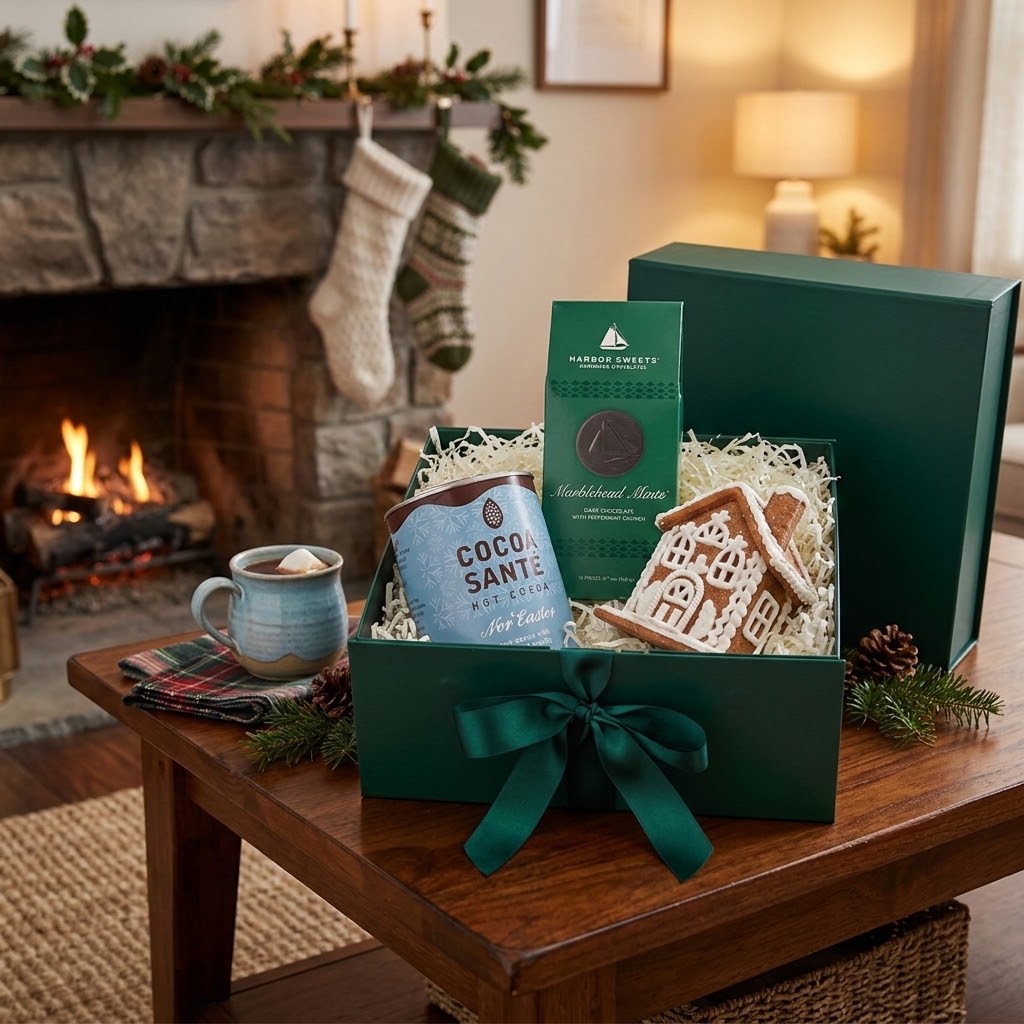 Cocoa Santé Nor'Easter hot cocoa, Harbor Sweets Marblehead Mints dark chocolates, and a decorative gingerbread house ornament displayed on coffee table.
