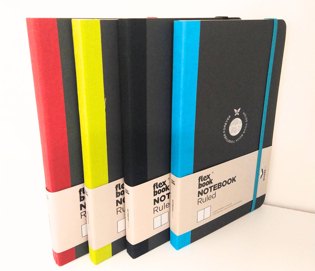 Flex Global notebooks with red, light green, black and turquoise bindings, made in Greece