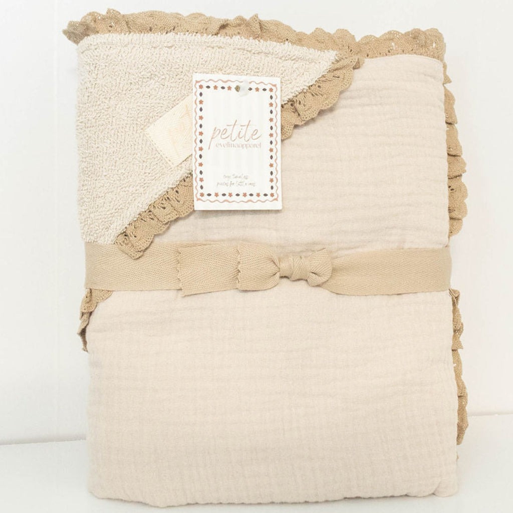 Petite Evelina Light Beige lace hooded baby towel showing cotton terry interior and muslin exterior