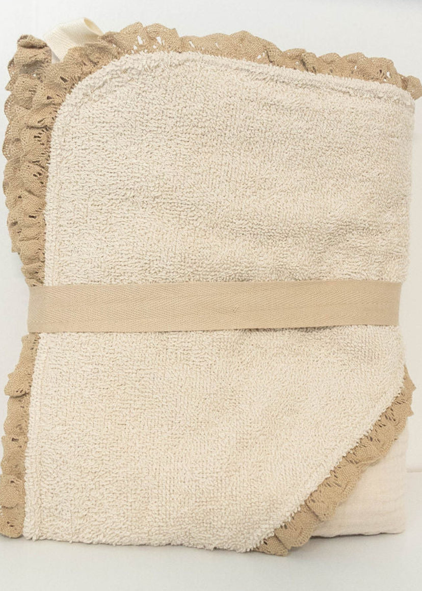 Petite Evelina Light Beige lace hooded baby towel showing soft cotton terry interior and lace trim