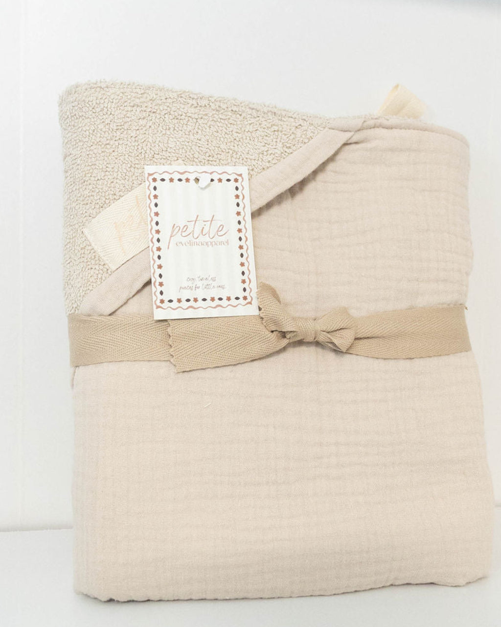 Petite Evelina Light Beige hooded baby towel showing cotton terry and muslin layers 