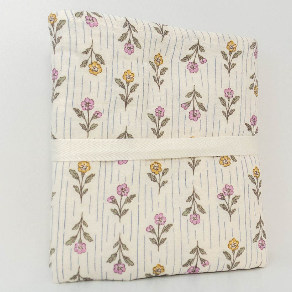 Back view of Petite Evelina Meadow Whisper muslin baby swaddle with delicate floral print