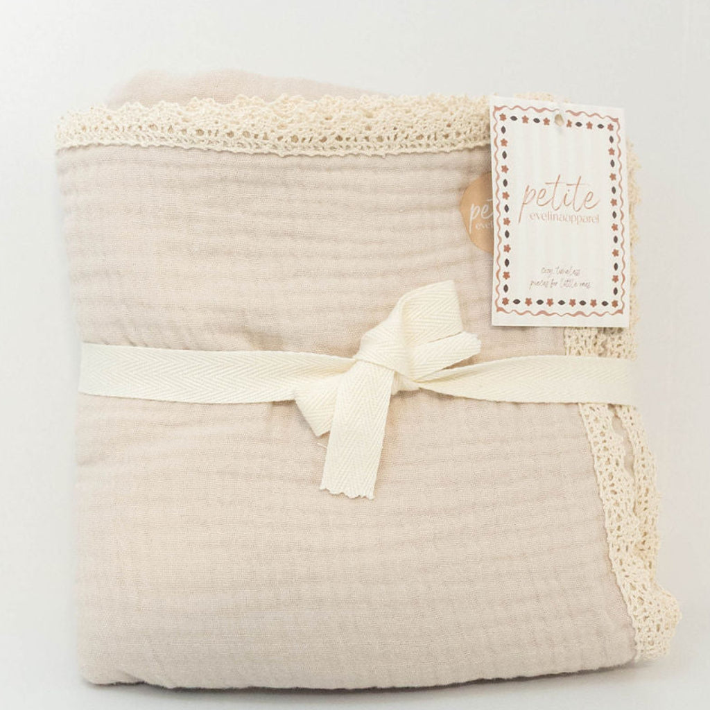 Petite Evelina light beige muslin baby swaddle with lace trim