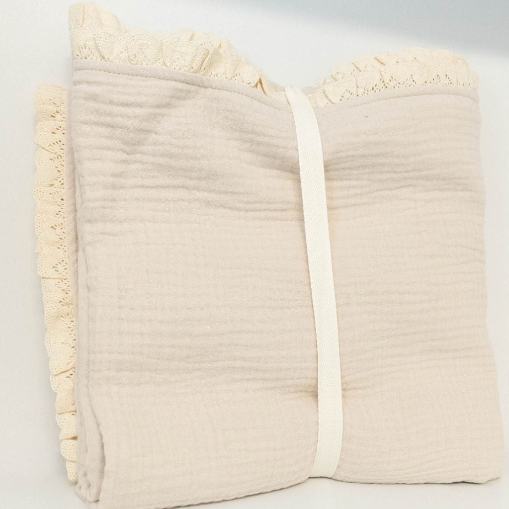 Back view of Petite Evelina Light Beige muslin baby blanket with lace trim