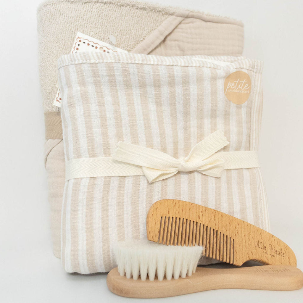 Petite Evelina Light Beige hooded towel, Beige Stripes swaddle and Little Threads wooden brush and comb