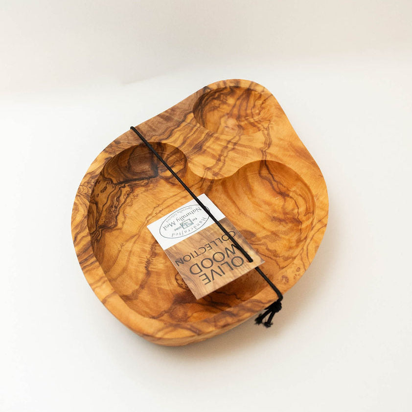 Handcrafted two-section olive wood serving dish with natural wood grain