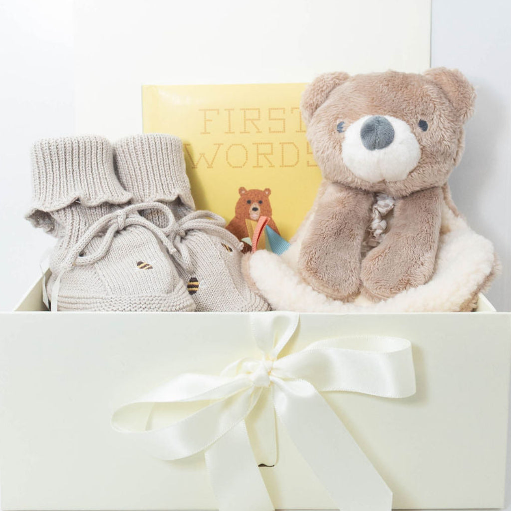 Theo the Bear baby gift set with First Words book and Saga Copenhagen booties.