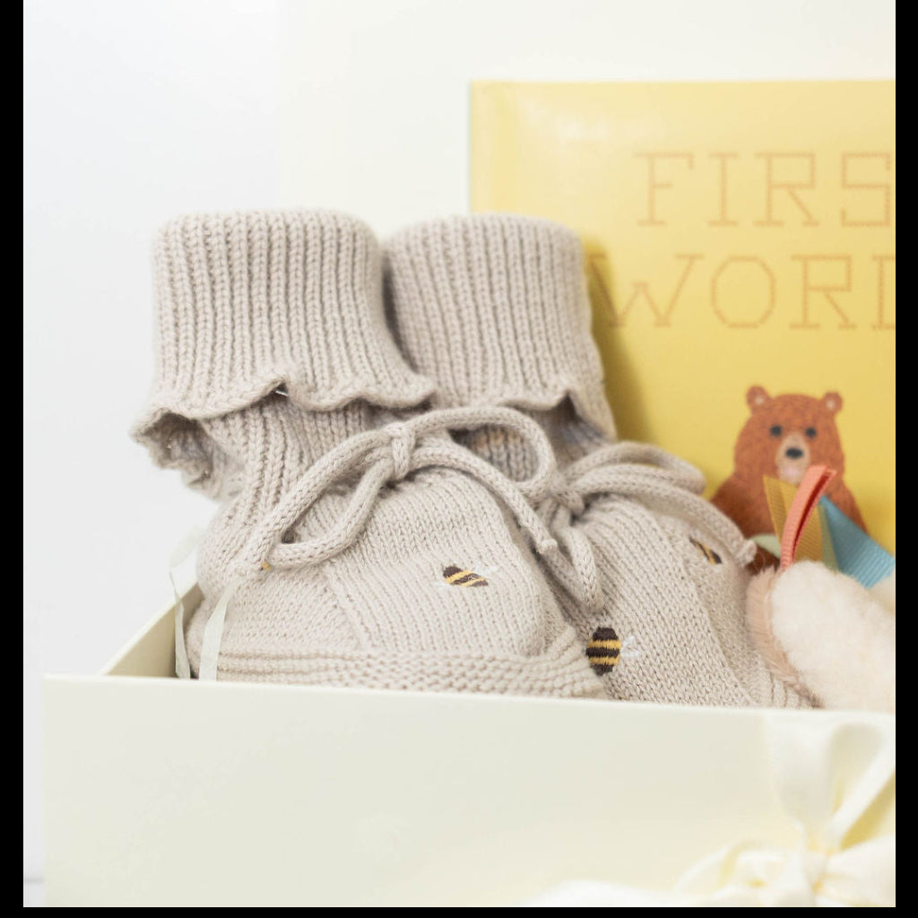 First Words book and Saga Copenhagen bumble bee booties.