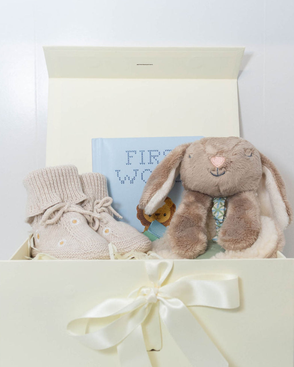 Billie the Bunny baby gift set with First Words book and Saga Copenhagen booties.