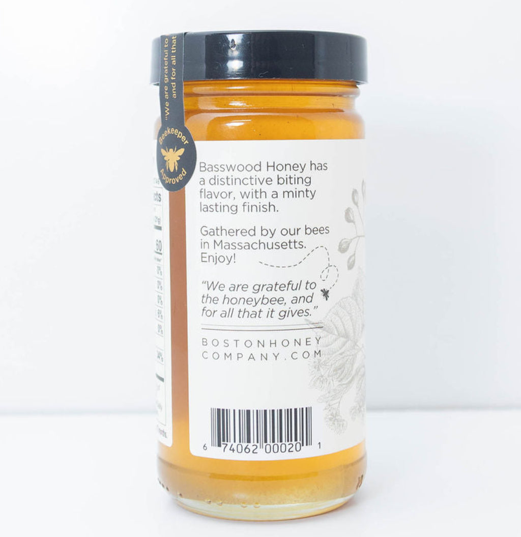 Back of Boston Honey Company Basswood Raw Honey jar describing its distinctive minty finish