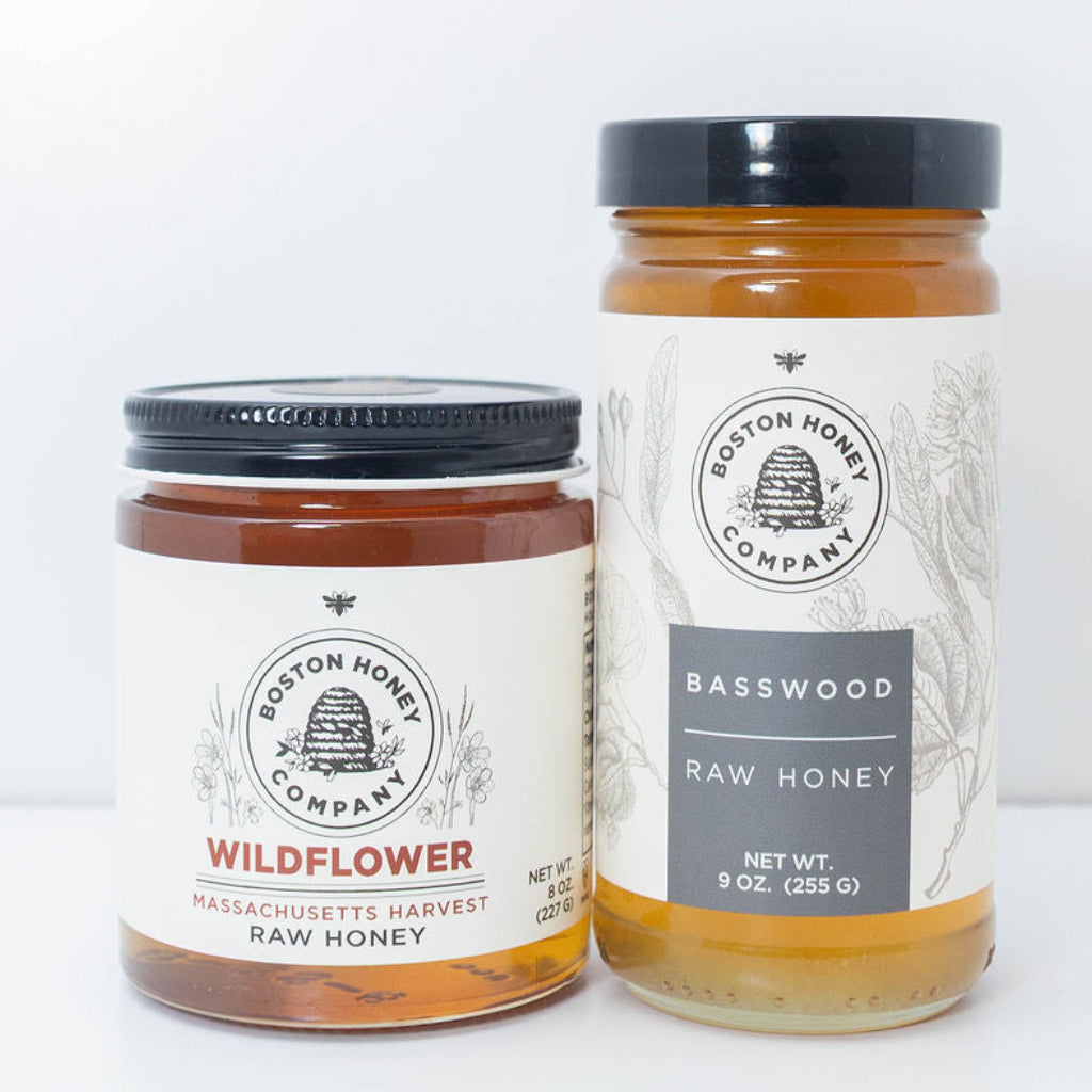 Boston Honey Company Wildflower and Basswood raw honey jars