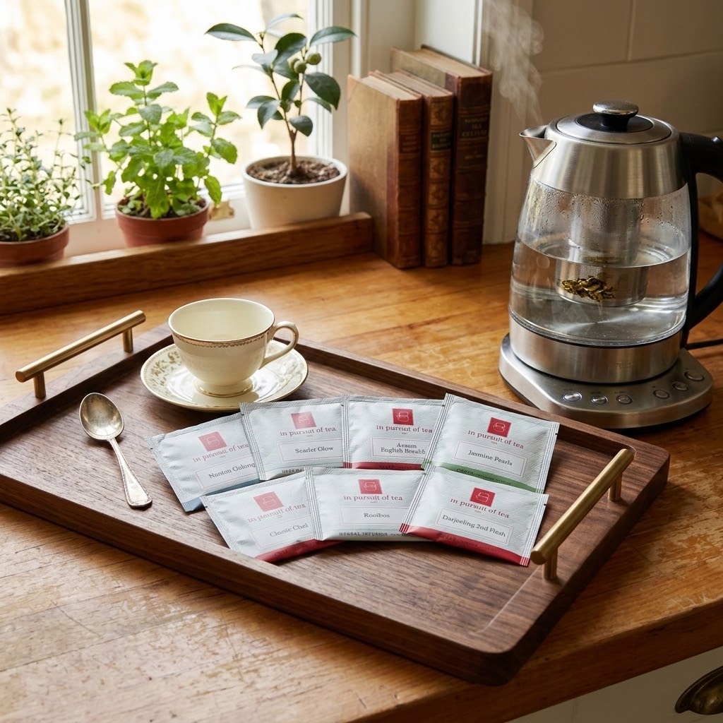 7 In Pursuit of Tea sachets displayed on wooden tray.
