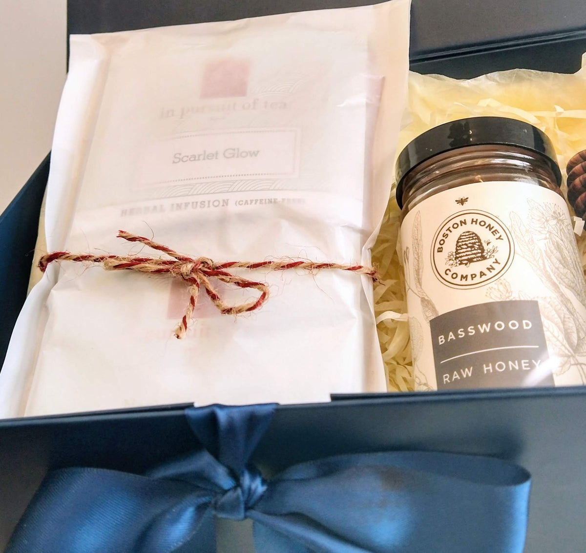 Solefina tea and honey gift box with In Pursuit of Tea sachets and Boston Honey Company raw basswood honey.