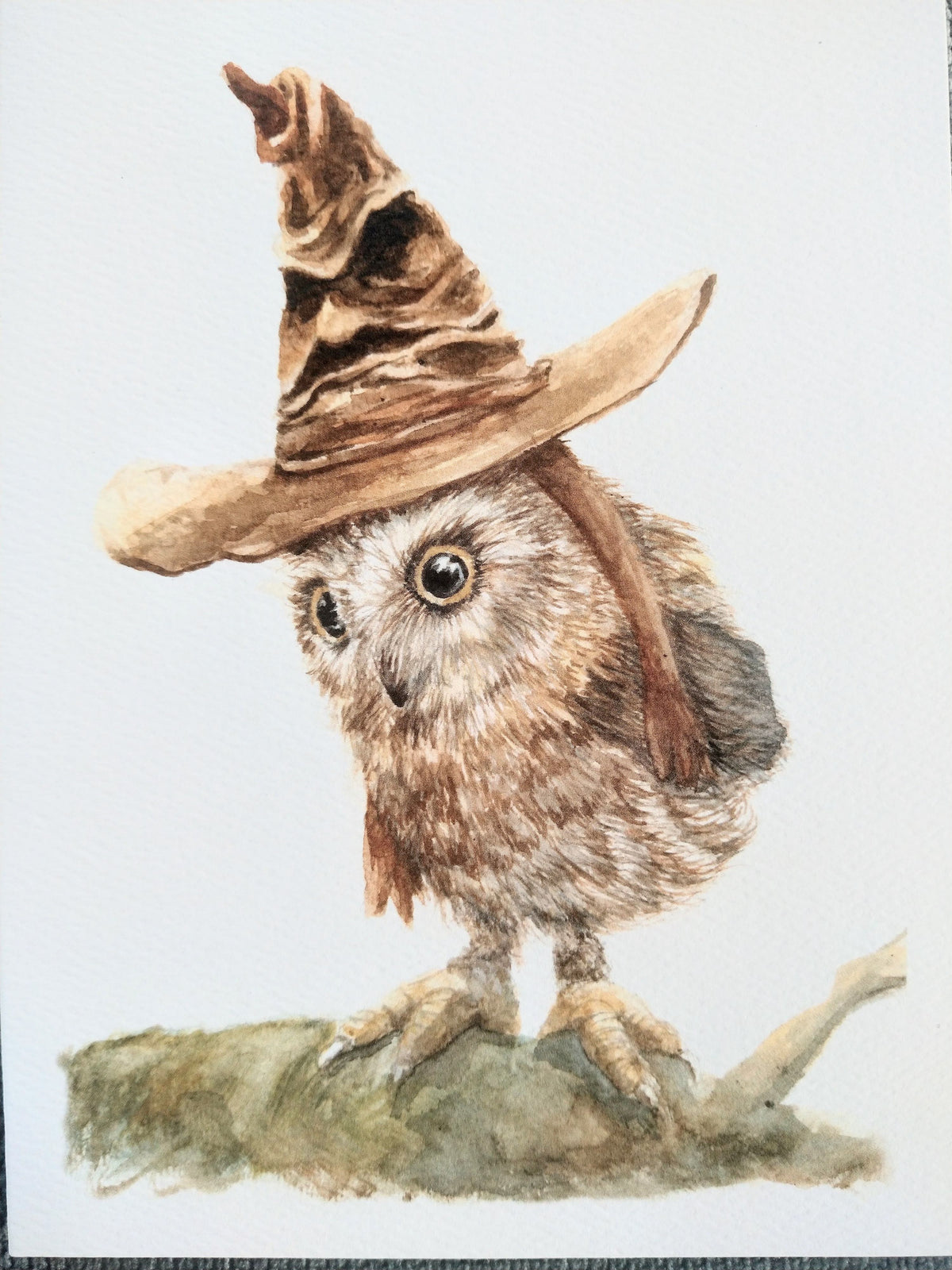 Watercolor illustration of a fluffy brown baby owl with large golden eyes wearing an oversized, pointed brown wizard hat, perched on a branch.
