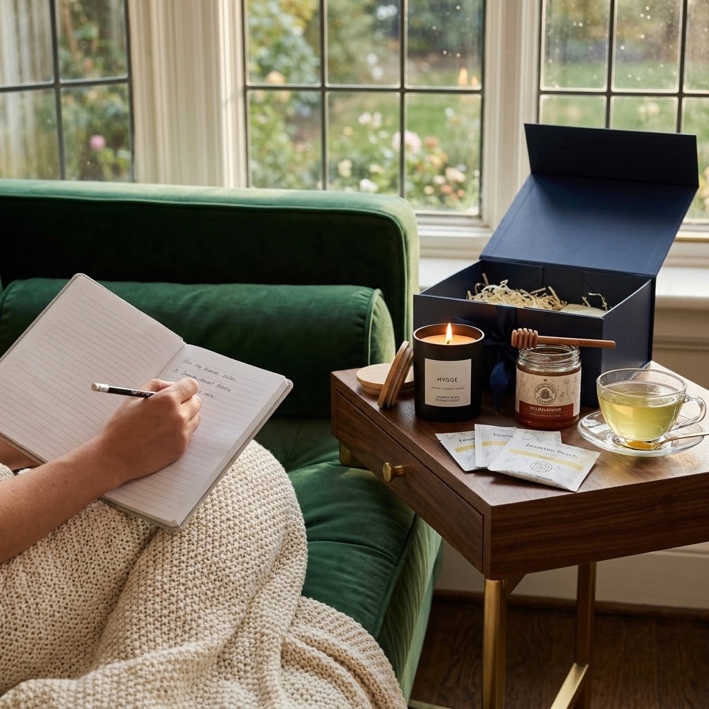Hygge gift box with candle, Italian notebook, MEM tea, wildflower honey and olive wood honey dipper