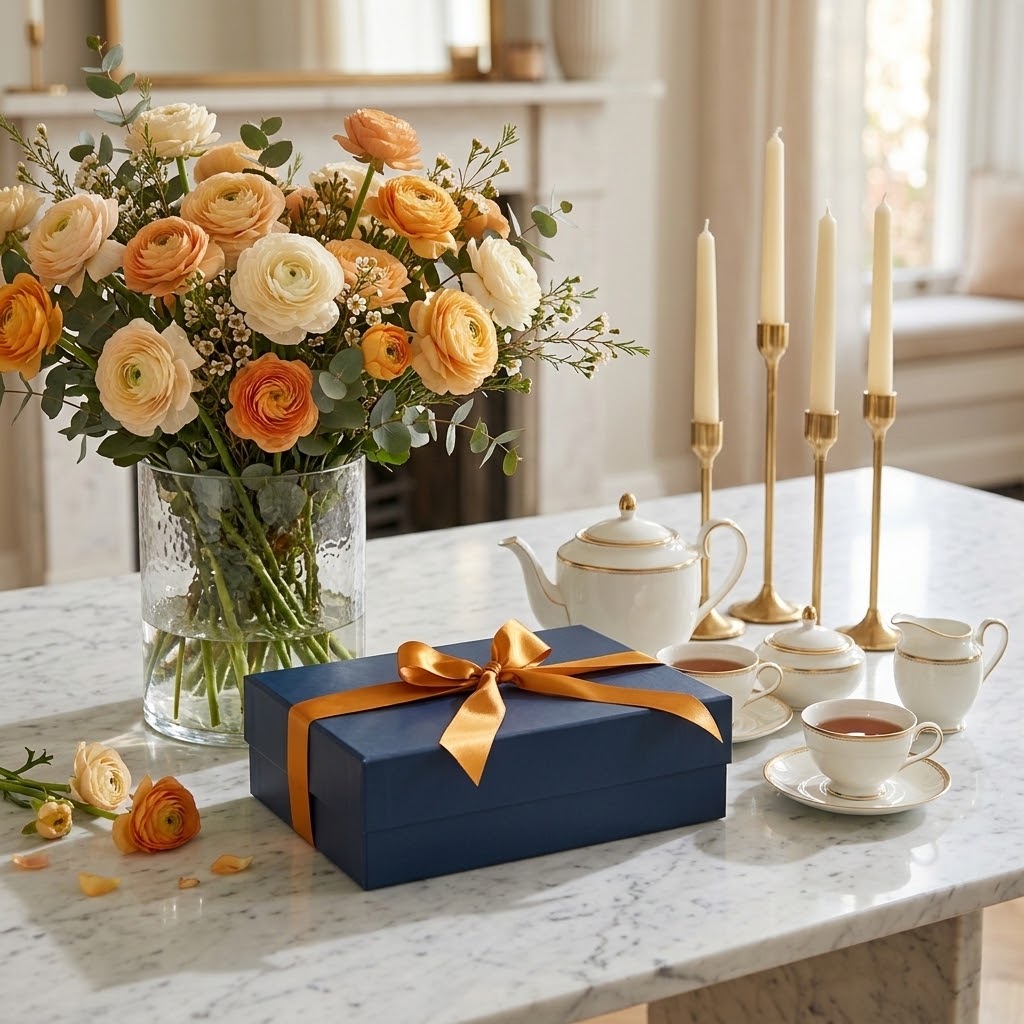 Navy Solefina gift box with copper ribbon styled on a marble table with tea, flowers and candles.