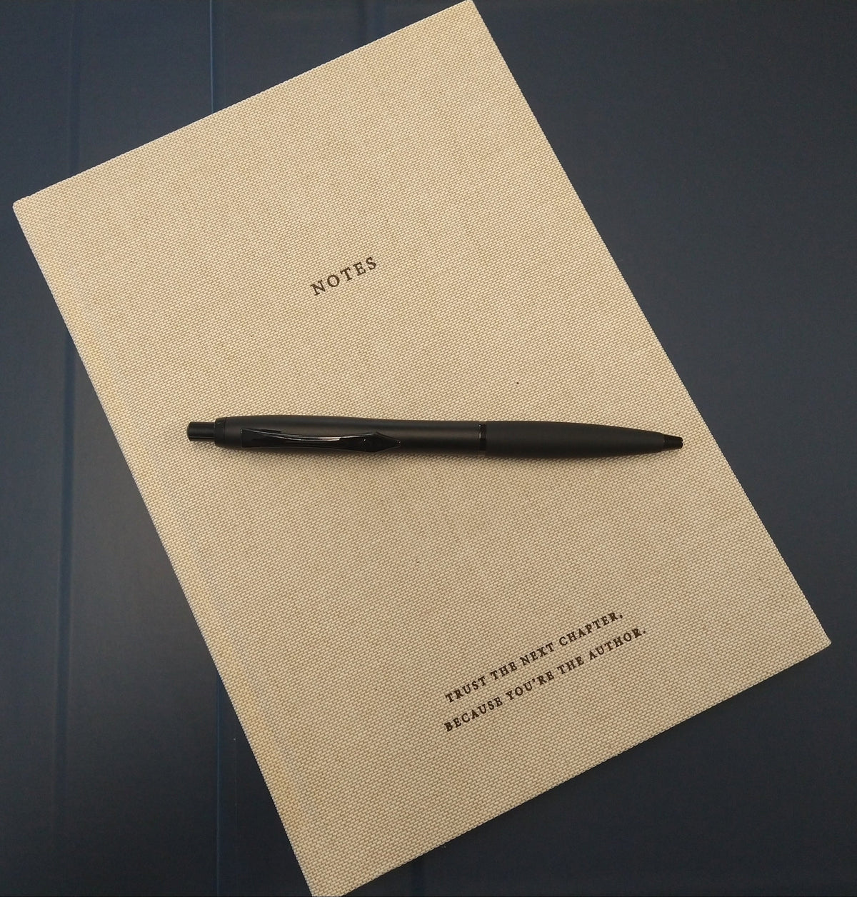 Matte black Platignum No. 9 ballpoint pen resting on a natural linen hardcover notebook.