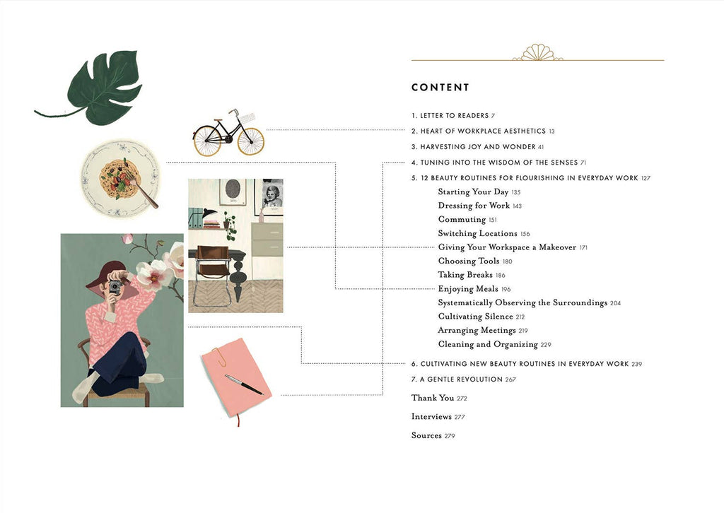 Contents of Aesthetics of Everyday Work showing illustrated essays on creativity and everyday work.