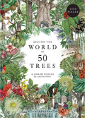 Around the World in 50 Trees 1,000-piece jigsaw puzzle by Laurence King Publishing, featuring detailed botanical illustrations of trees from around the world.