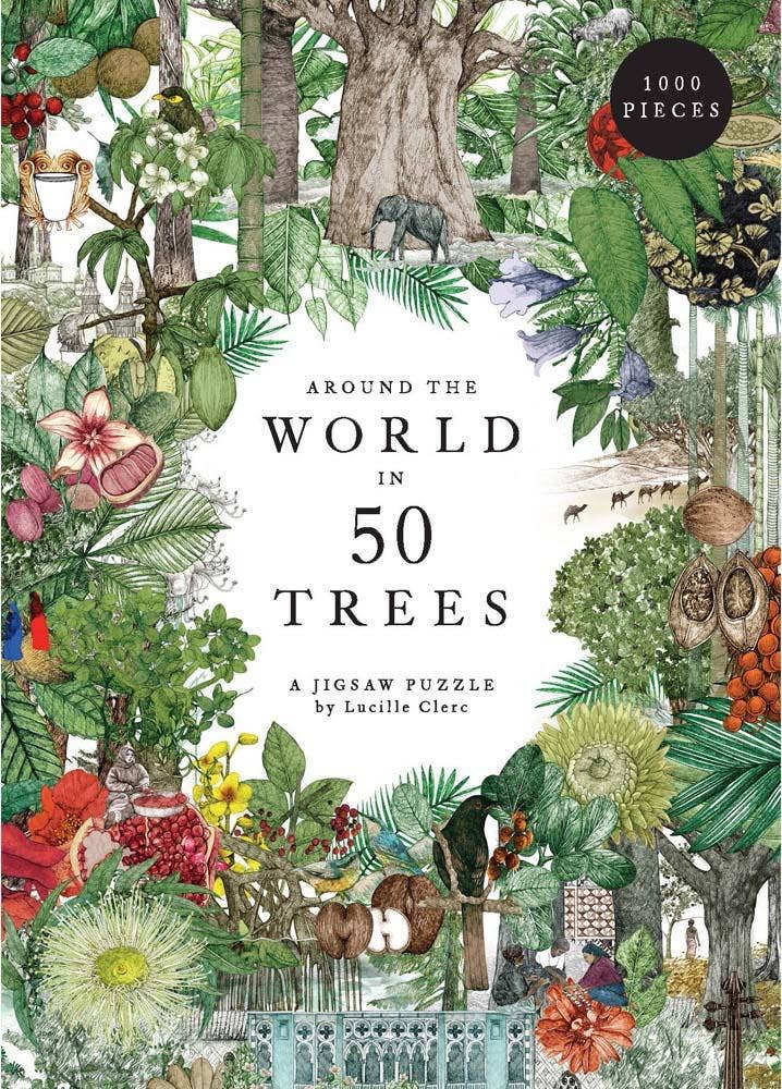 Around the World in 50 Trees 1,000-piece jigsaw puzzle by Laurence King Publishing, featuring detailed botanical illustrations of trees from around the world.
