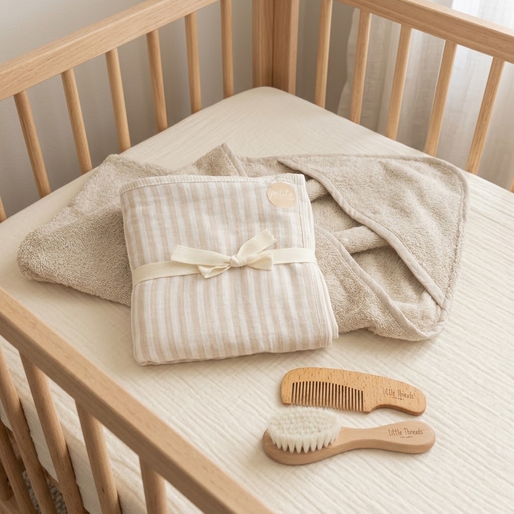 Baby Bath Gift Set – Hooded Towel, Muslin Swaddle & Grooming Set