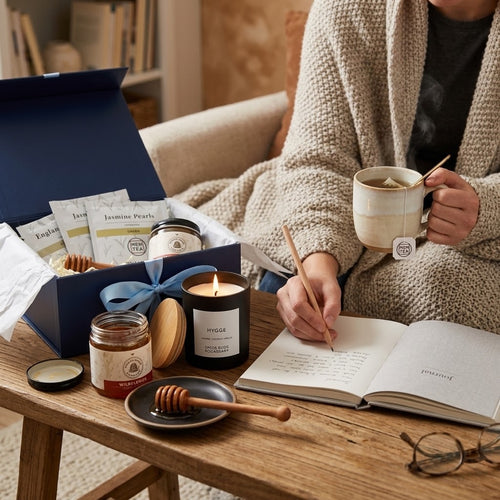 Hygge gift box with candle, Italian notebook, MEM tea, wildflower honey and olive wood honey dipper